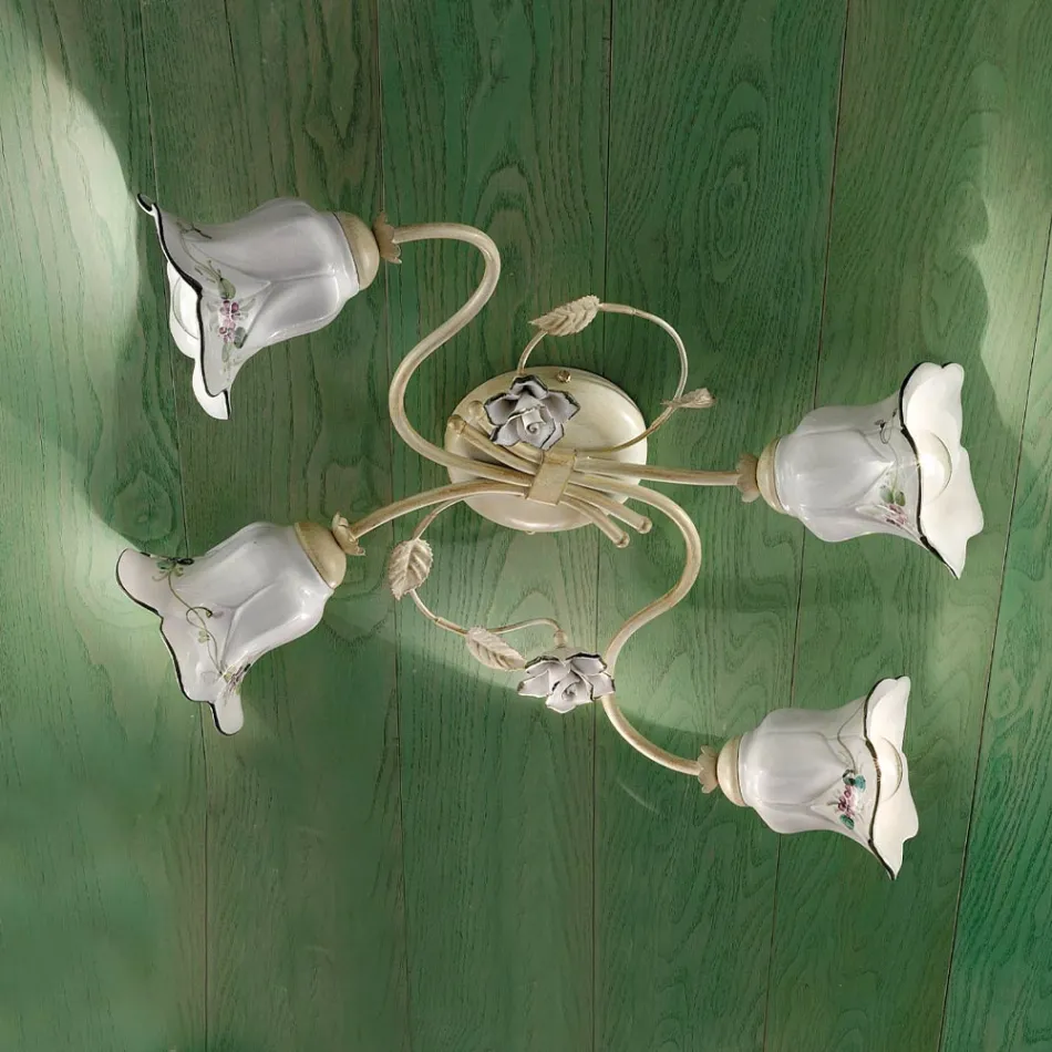 4 Lights Ceiling Lamp in Metal and Ceramic with Hand Painted Roses - Pisa Viadurini