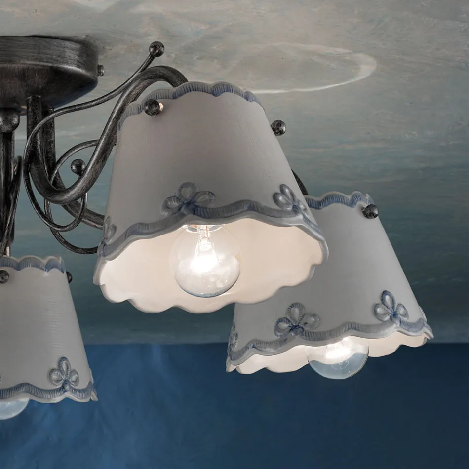Ceiling Lamp with 3 or 5 Lights in Hand Painted Embroidery Effect Ceramic - Ravenna Viadurini