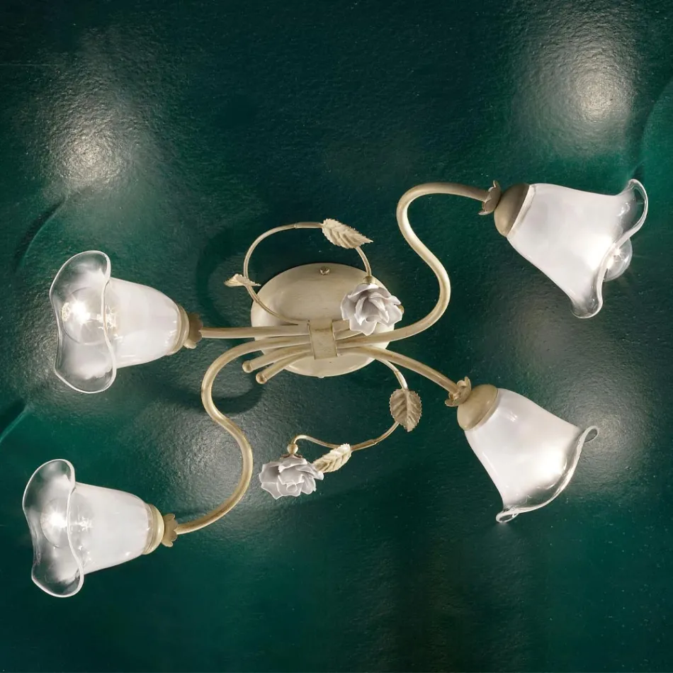 Vintage ceiling lamp 3 or 4 lights in iron, glass and ceramic roses - Siena Viadurini