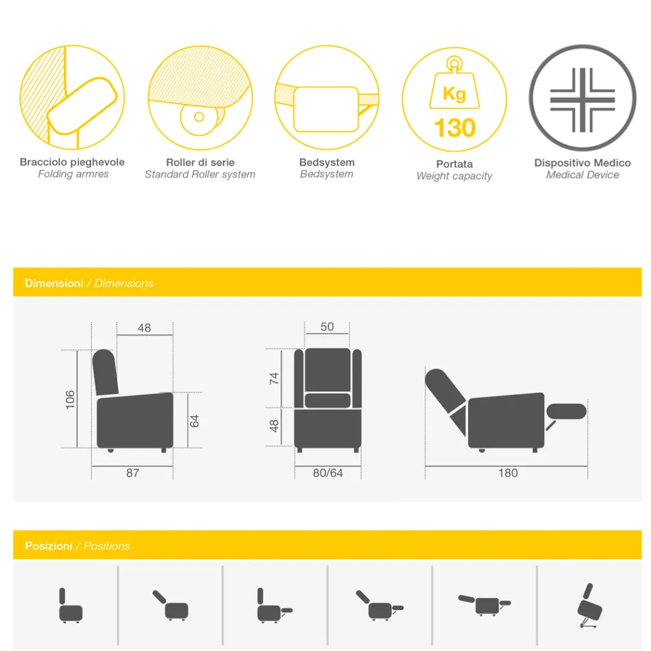 Lift Chair with 2 Motors and Lift/Relax/Bed Functions Made in Italy - Giorgia Viadurini