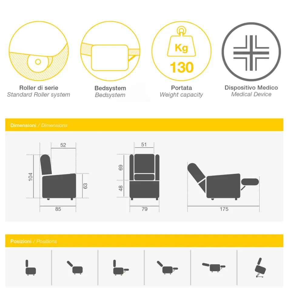 Lift Armchair with Lift, Relax and Bed Functions Made in Italy - Talita Viadurini