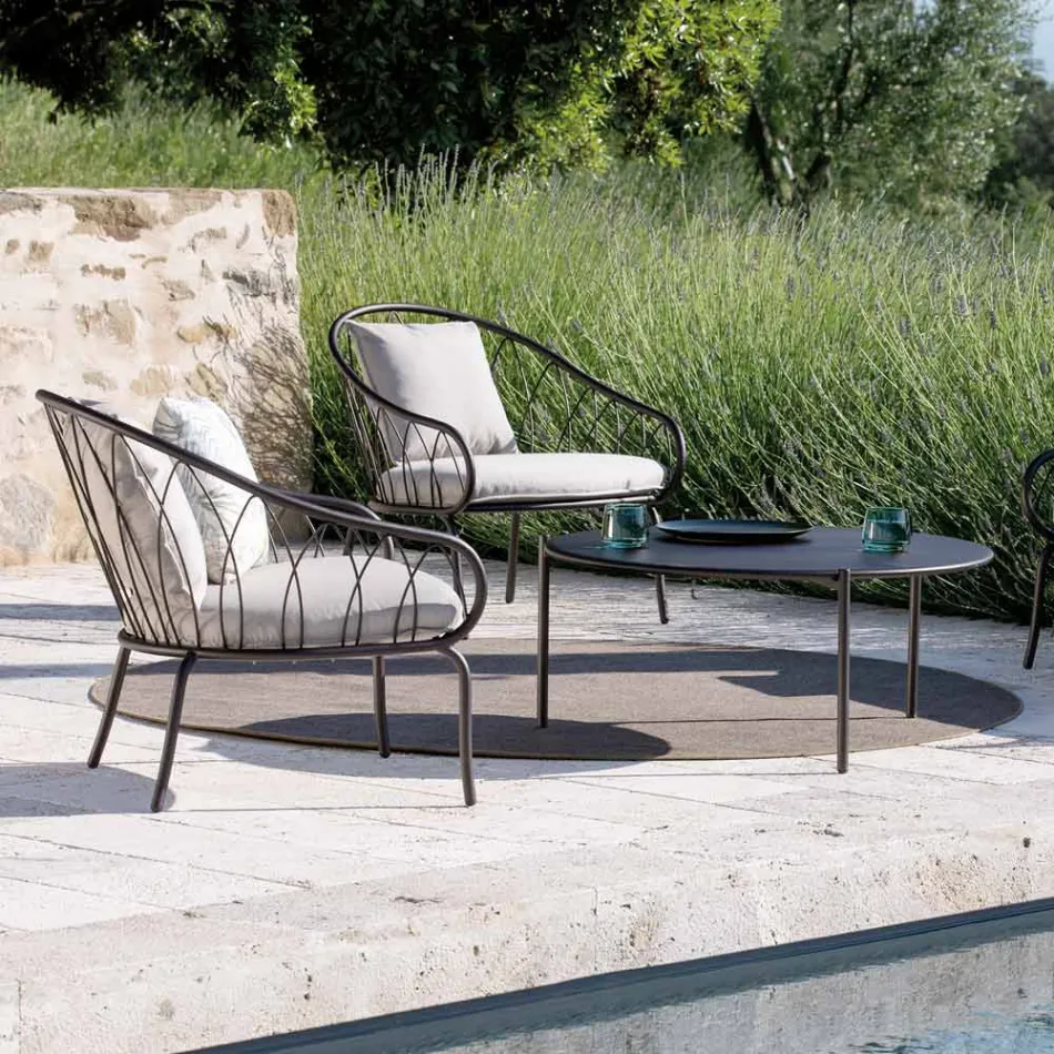 Low Garden Armchair in Metal and Cushion Made in Italy - Fontana Viadurini