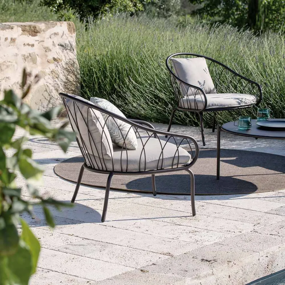 Low Garden Armchair in Metal and Cushion Made in Italy - Fontana Viadurini