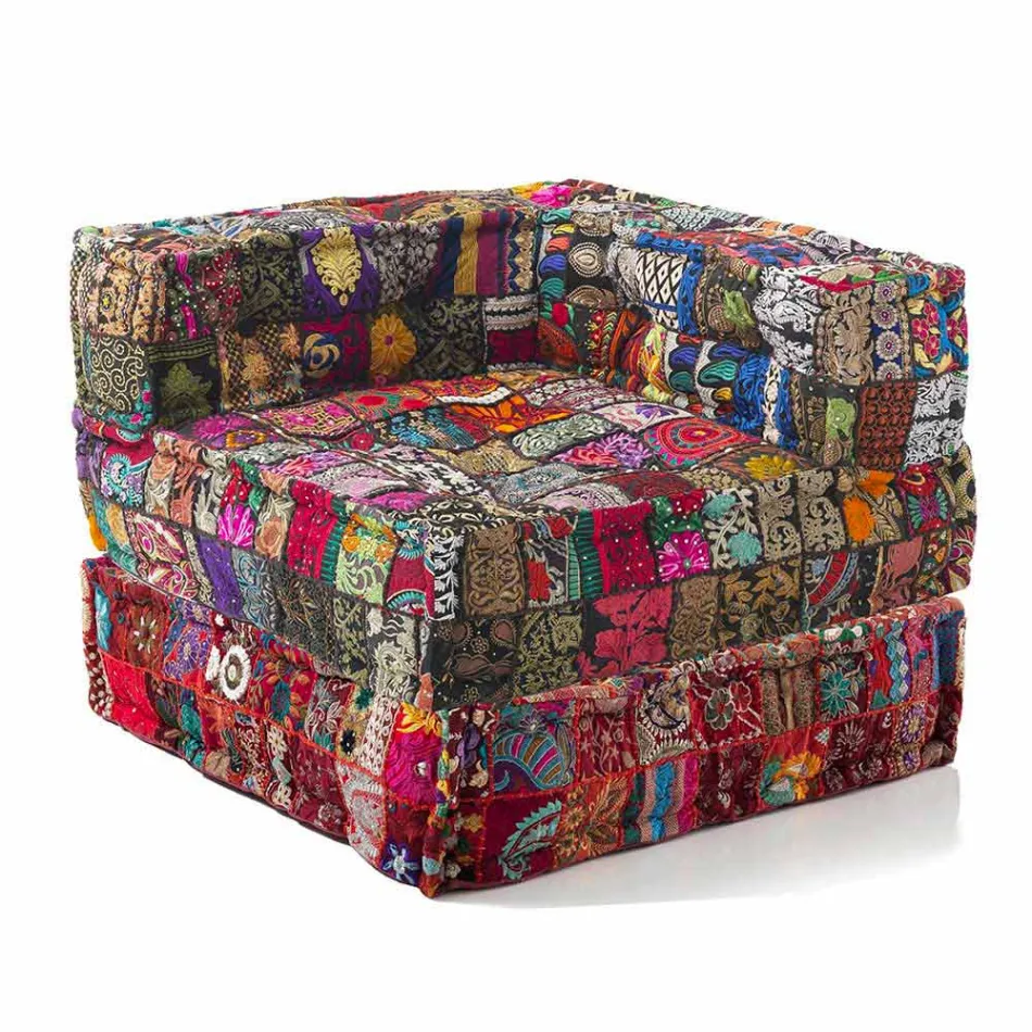 Chaise Longue Armchair of Ethnic Design in Patchwork Cotton, for Living Room - Fiber Viadurini