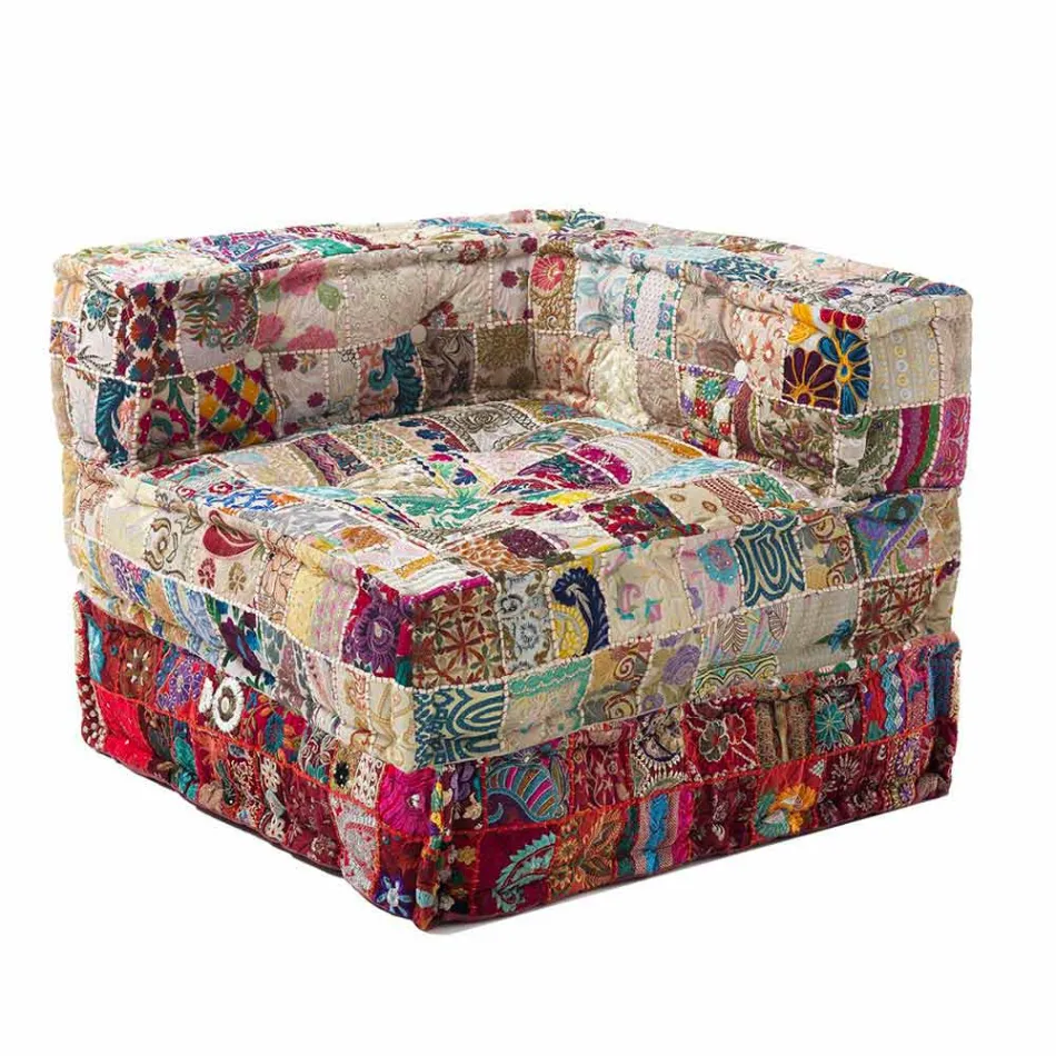 Chaise Longue Armchair of Ethnic Design in Patchwork Cotton, for Living Room - Fiber Viadurini