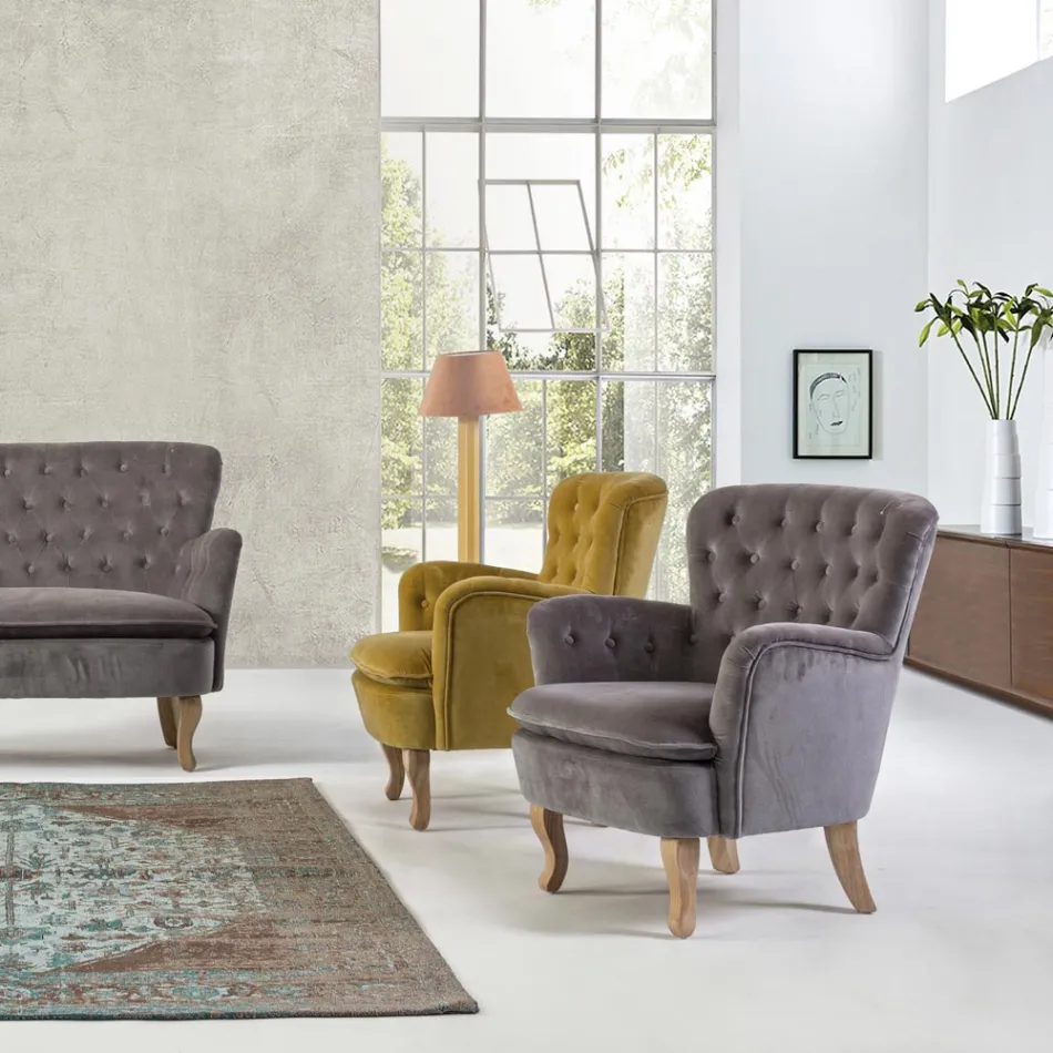 Classic Armchair in Wood and Padded Seat in Quilted Cotton - Monny Viadurini