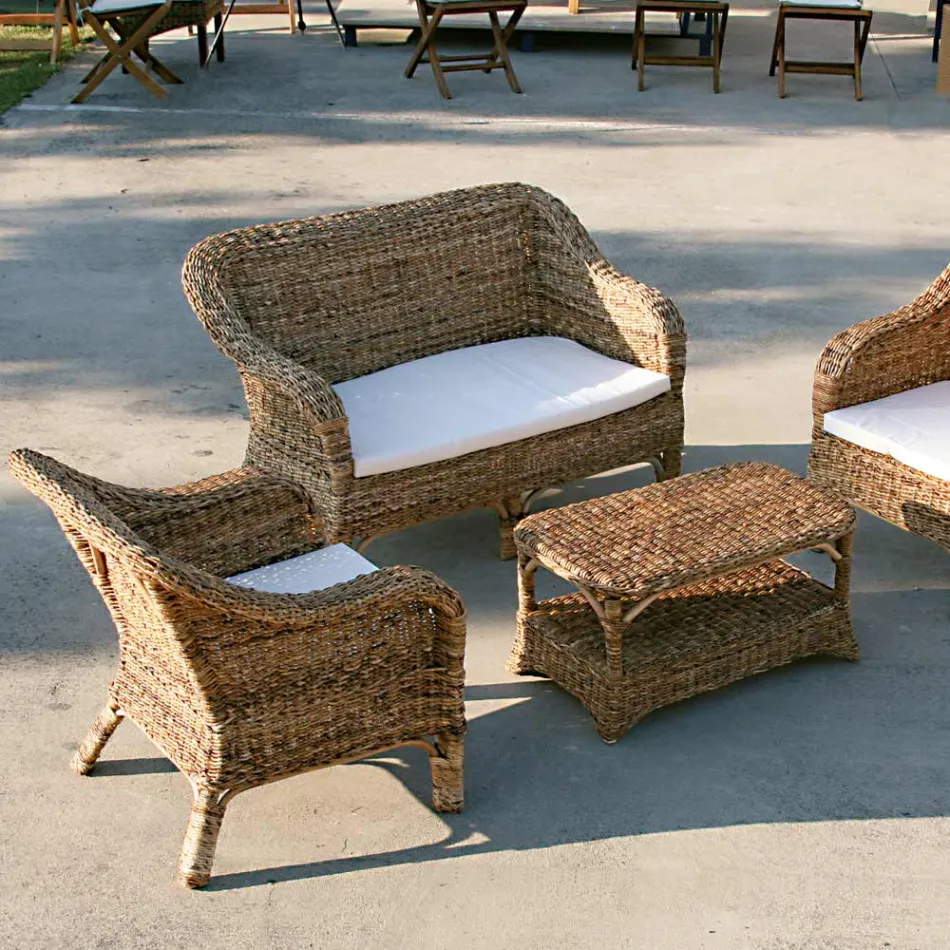 Outdoor Armchair in Natural Banana Weaving and Ecru Cushion - Dish Viadurini