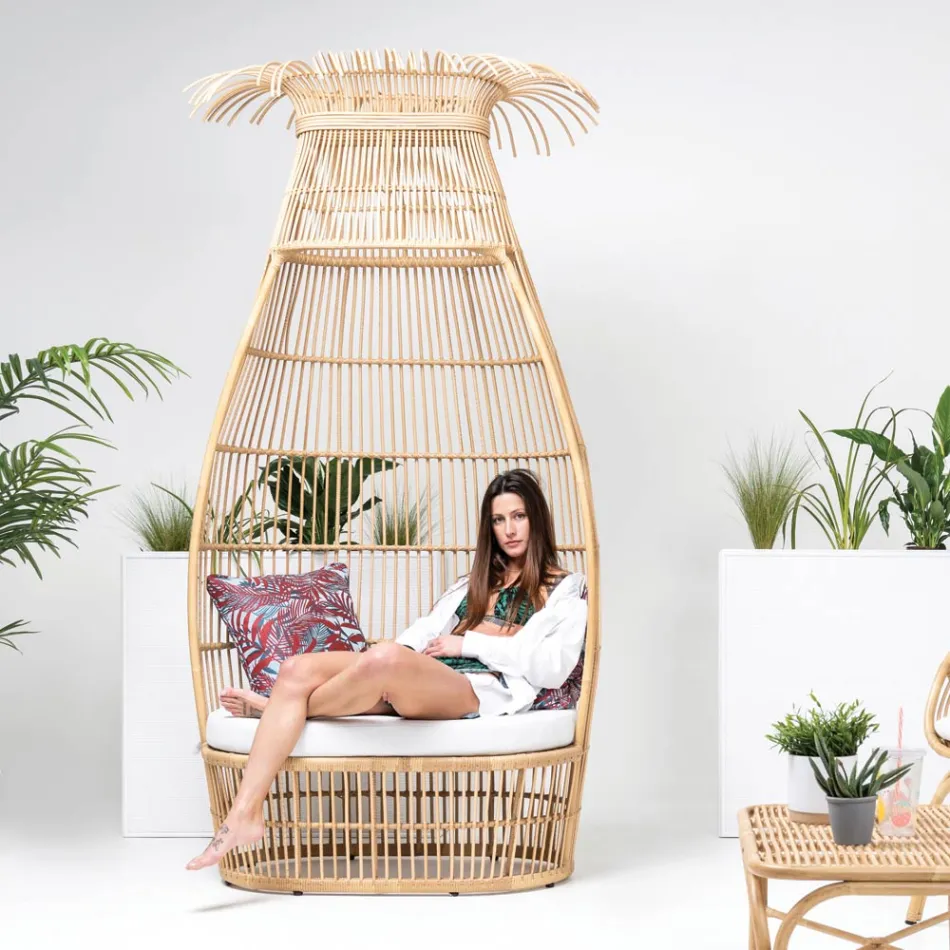 Garden Armchair in Polyrattan Weave with Off-White Cushion - Anteia Viadurini