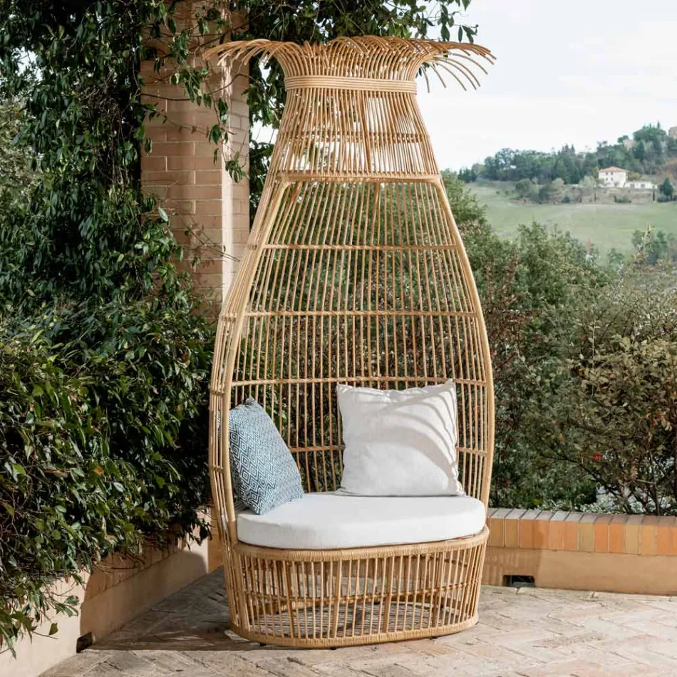 Garden Armchair in Polyrattan Weave with Off-White Cushion - Anteia Viadurini