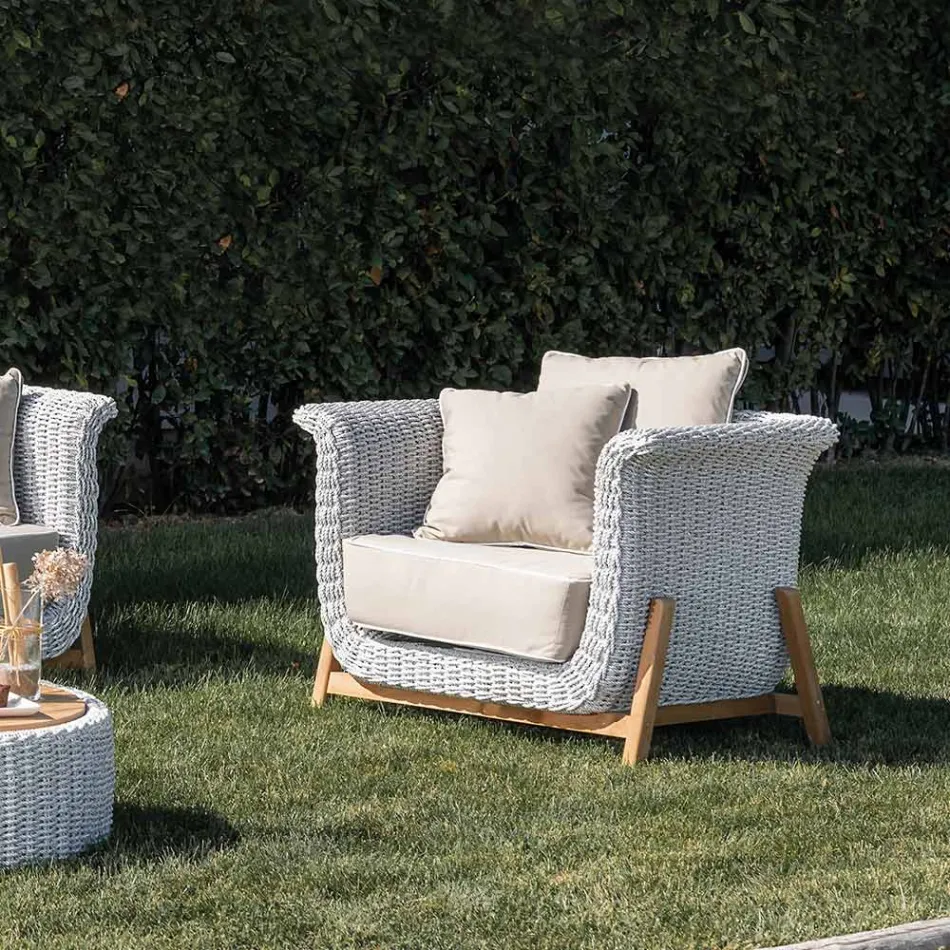 Garden Armchair in Teak and Rope Weaving - Arjuna Viadurini
