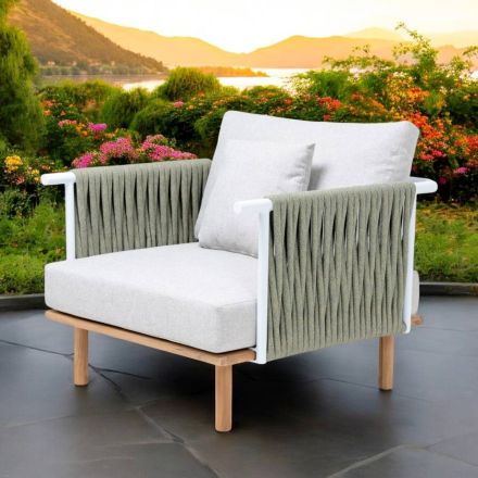 Teak Garden Armchair, Rope Weaving and Cushions - Bellatrix Viadurini