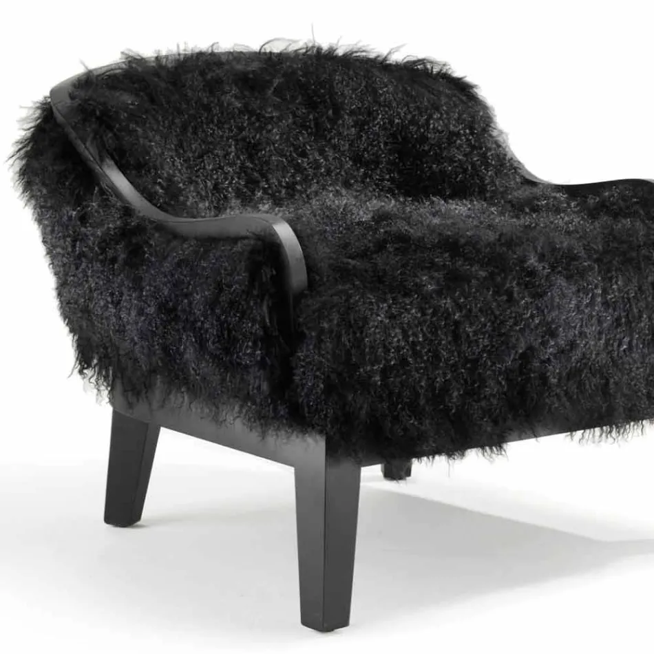 Low armchair in black leather and fur, made in Italy, Eli Viadurini