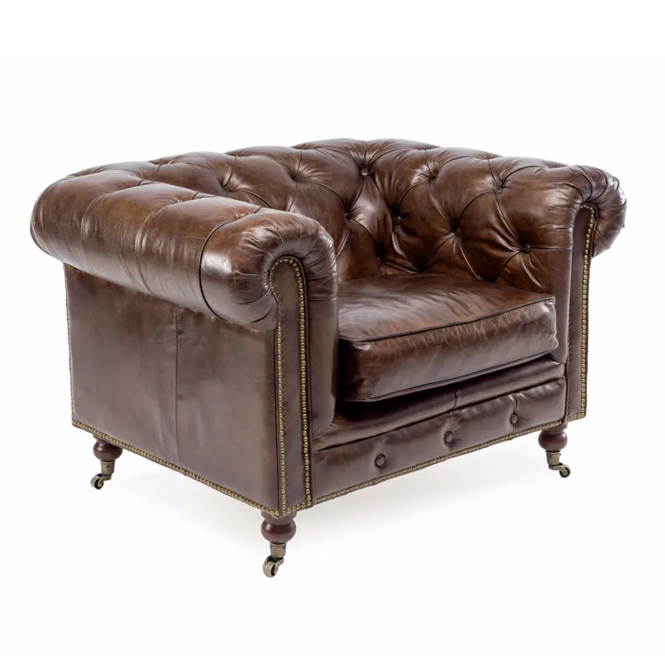 Living Room Armchair in Vintage Leather with Aged Effect with Wheels and Armrests - Stamp Viadurini
