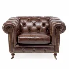 Living Room Armchair in Vintage Leather with Aged Effect with Wheels and Armrests - Stamp Viadurini