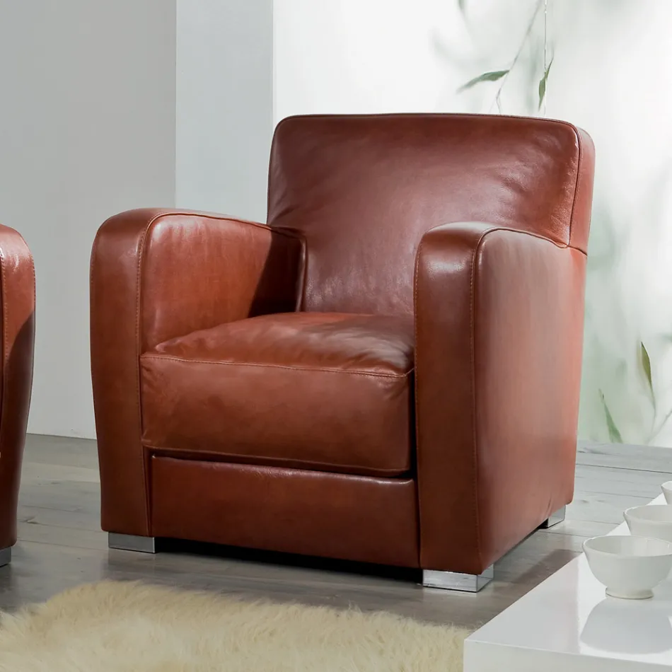 Living Room Armchair in Wood, Leather and Metal Made in Italy - Burlesco Viadurini