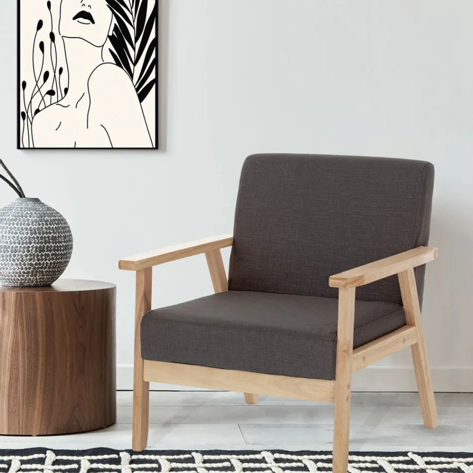 Living Room Armchair in Solid Pine Wood and Dark Gray Fabric - Basilicata Viadurini