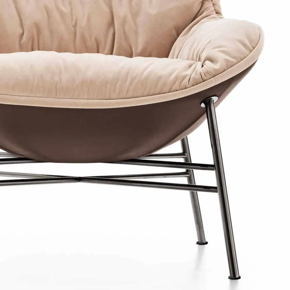 Living Room Armchair in Leather and Fabric with Chromed Base Made in Italy - Litchi Viadurini
