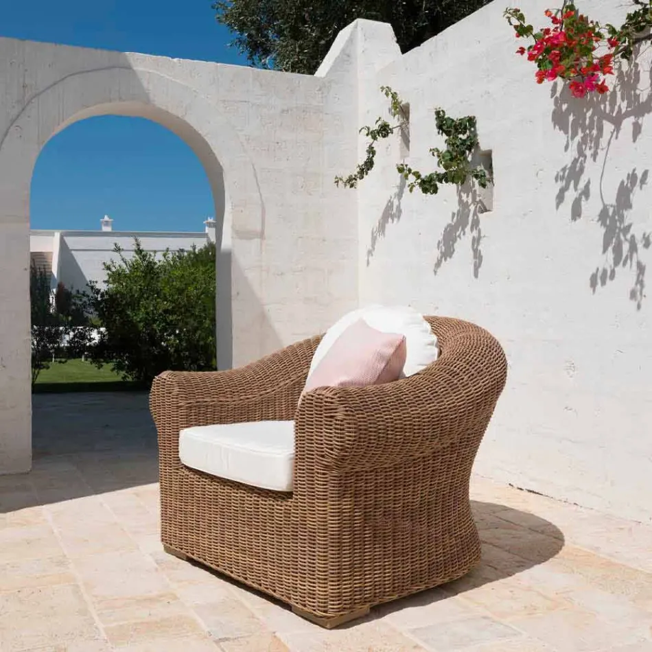 Outdoor Armchair in Woven Synthetic Rattan and White or Ecru Fabric - Yves Viadurini