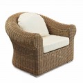 Outdoor Armchair in Woven Synthetic Rattan and White or Ecru Fabric - Yves