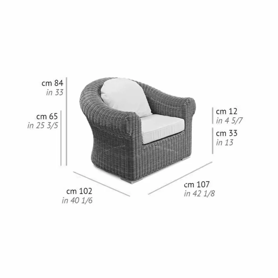 Outdoor Armchair in Woven Synthetic Rattan and White or Ecru Fabric - Yves Viadurini