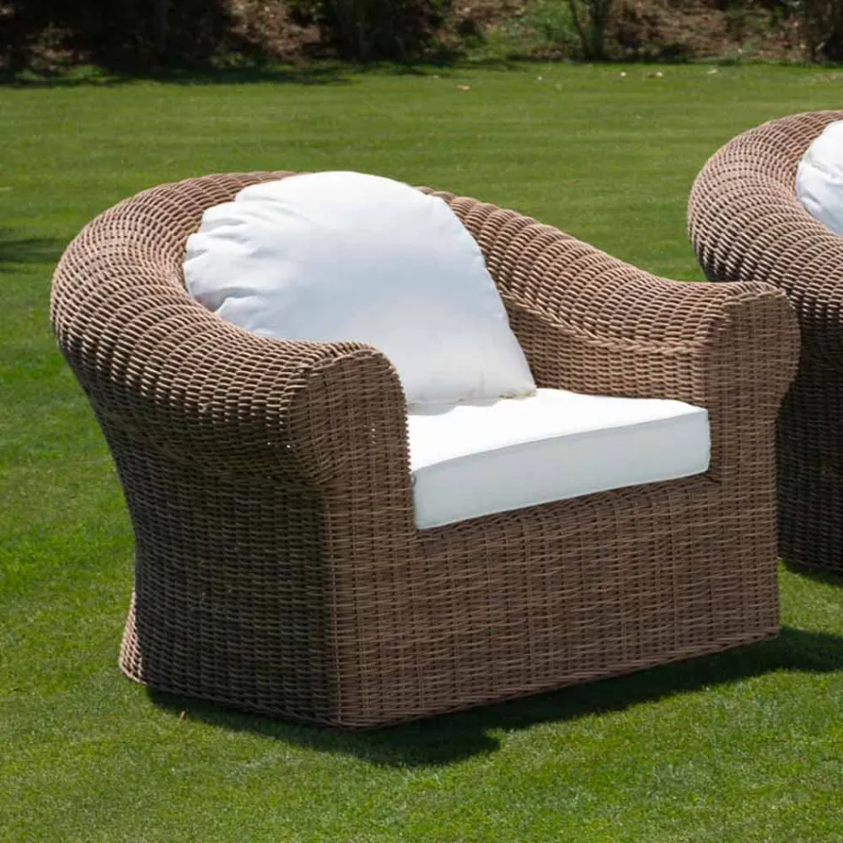 Outdoor Armchair in Woven Synthetic Rattan and White or Ecru Fabric - Yves Viadurini