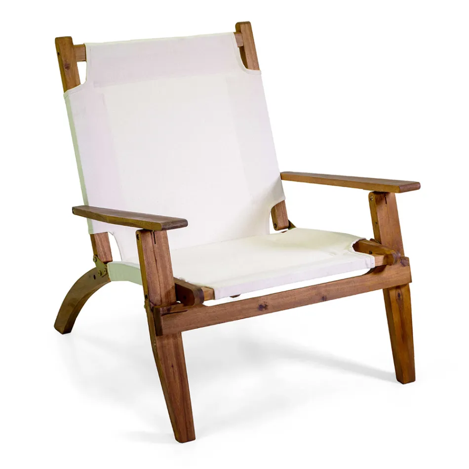 Armchair in Acacia Wood and Cotton/Polyester Blend Fabric - Bottega Viadurini