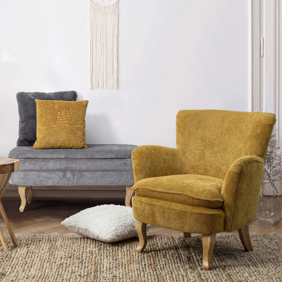 Pine Wood Armchair and Velvet Effect Seat Coste 4 Finishes - Molly Viadurini