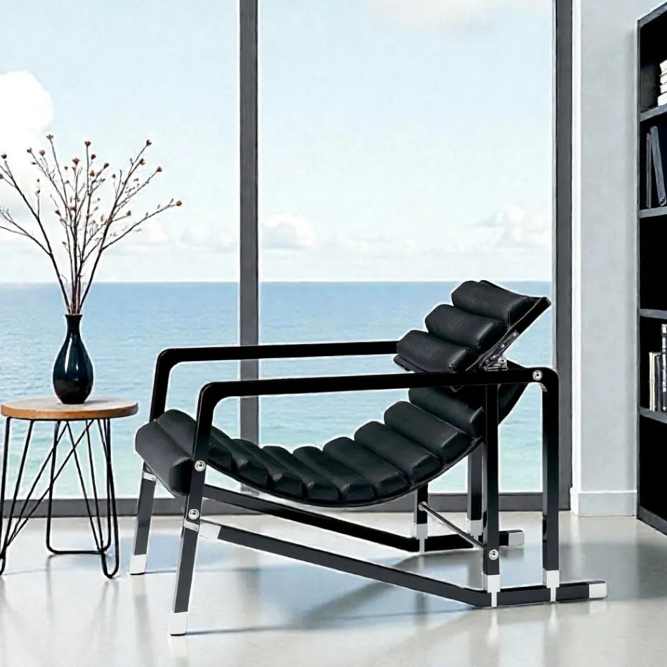 Modern Armchair in Glossy Black Lacquered Wood and Leather Made in Italy - Conga Viadurini
