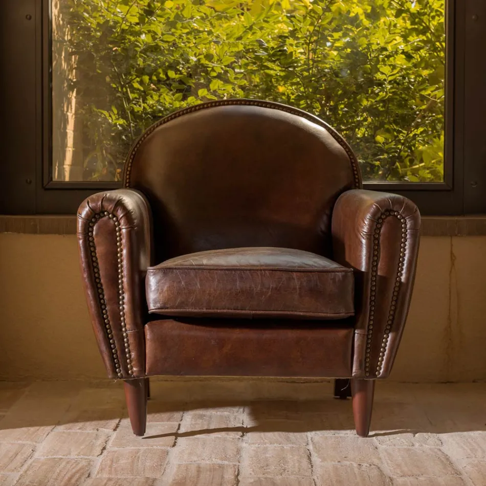 Indoor Armchair in Vintage Leather with Aged Effect Dark Brown - Stamp Viadurini
