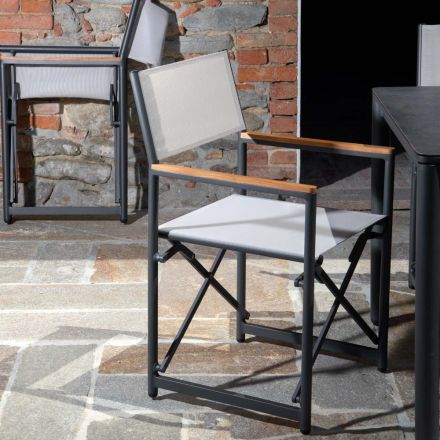 Director's Chair Made of Aluminum, Textilene and Teak Armrest - Tenda Viadurini