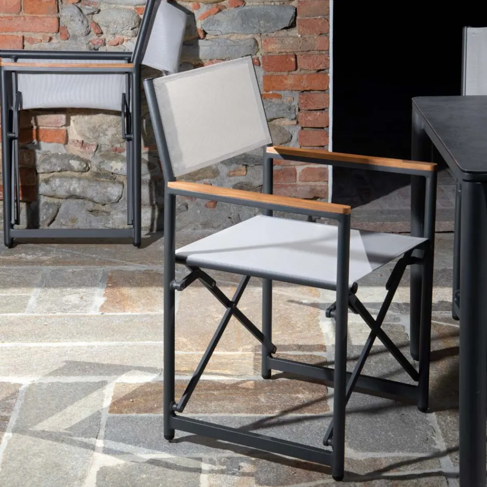 Director's Chair Made of Aluminum, Textilene and Teak Armrest - Tenda Viadurini