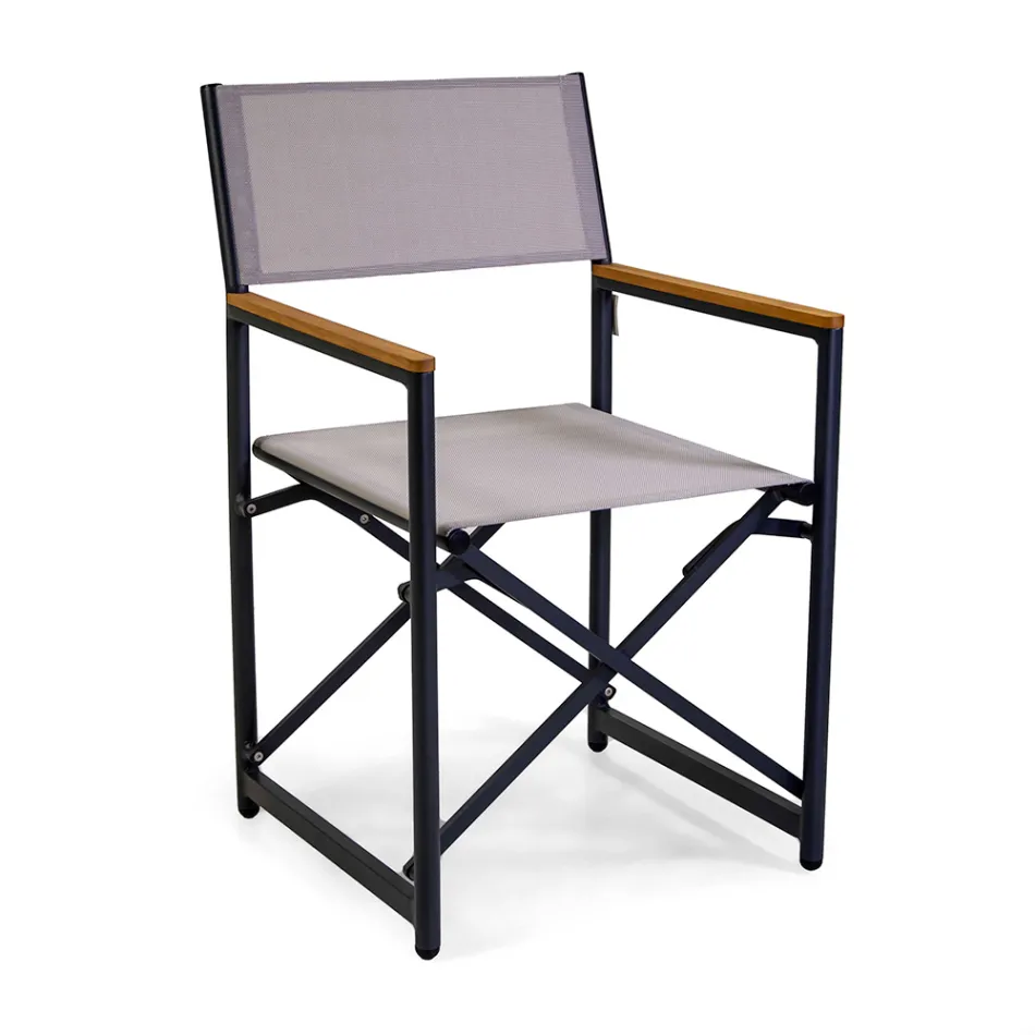 Director's Chair Made of Aluminum, Textilene and Teak Armrest - Tenda Viadurini