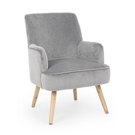 Living Room Armchair in Wood and Velvet Effect Scandinavian Design - Cinzio Viadurini