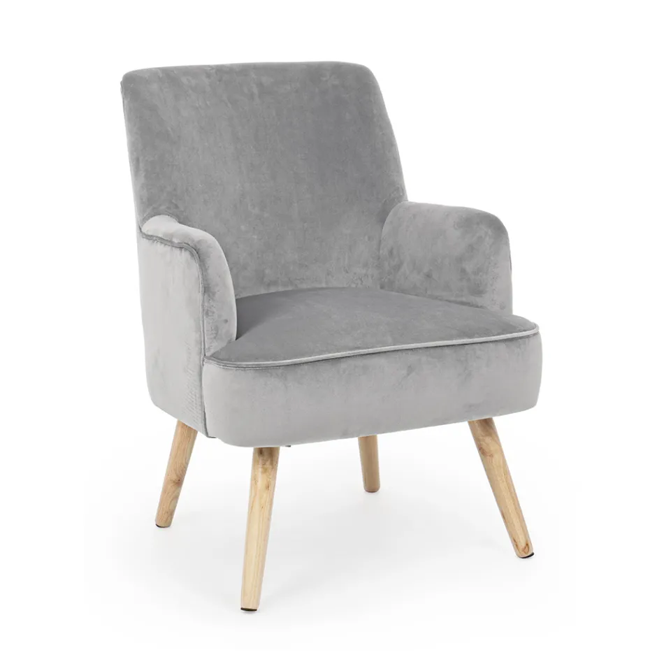 Living Room Armchair in Wood and Velvet Effect Scandinavian Design - Cinzio Viadurini