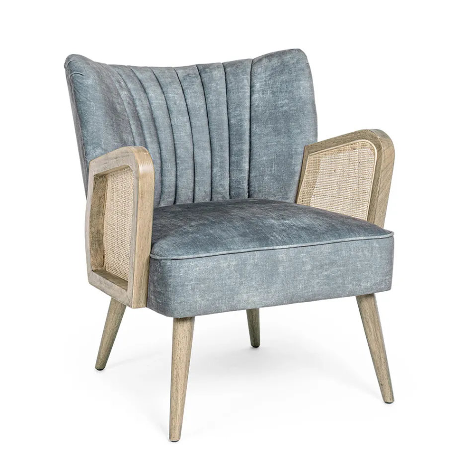 Vintage Wooden Armchair with Rattan and Polyester Armrests - Ludovica Viadurini