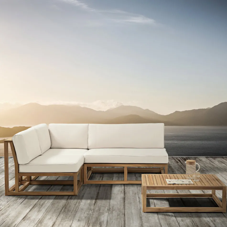 Outdoor Corner Chair in Natural Teak and Cushions - Circe Viadurini
