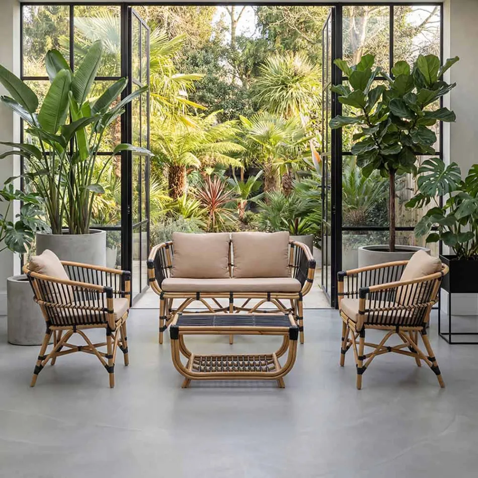 Garden Armchair in Natural Rattan with Cushions Included - Catelyn Viadurini