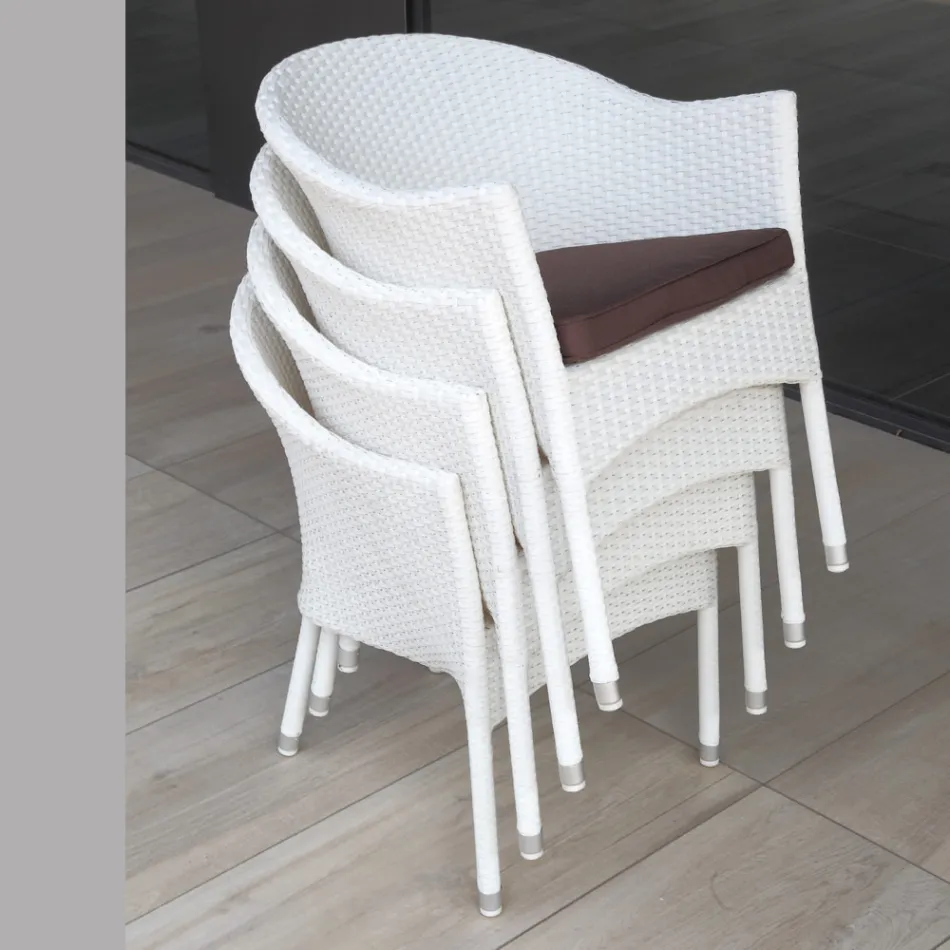 Stackable Chair in Aluminum Covered in White Wicker - Bruma Viadurini