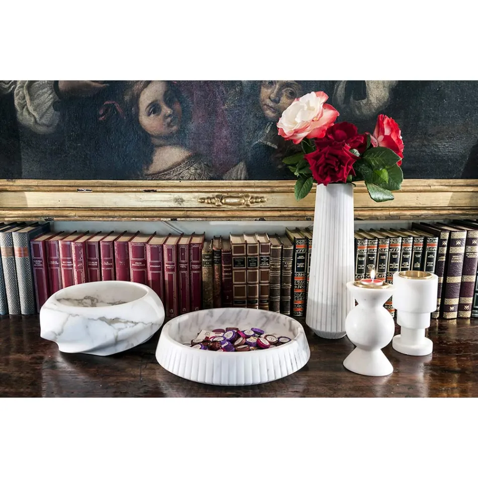 Low Candle Holder in White Carrara Marble and Brass Made in Italy - Benton Viadurini