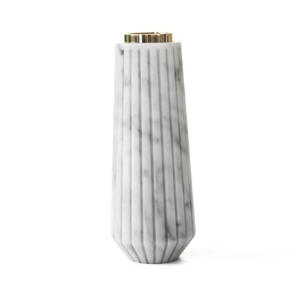 Striped White Carrara Marble and Brass Candle Holder Made in Italy - Amenia Viadurini