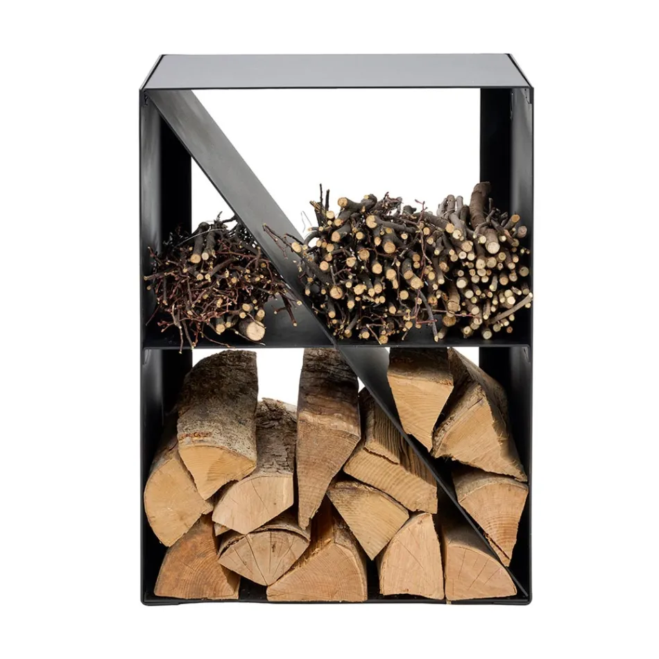 Firewood Holder with Oblique Bar in Black Painted Steel Made in Italy - Fiamme Viadurini