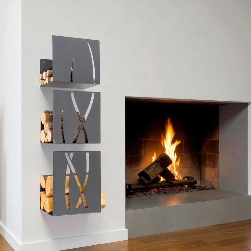 Modern Design Wall Mounted Firewood Holder in Black Steel 3 Pieces - Garigliano Viadurini