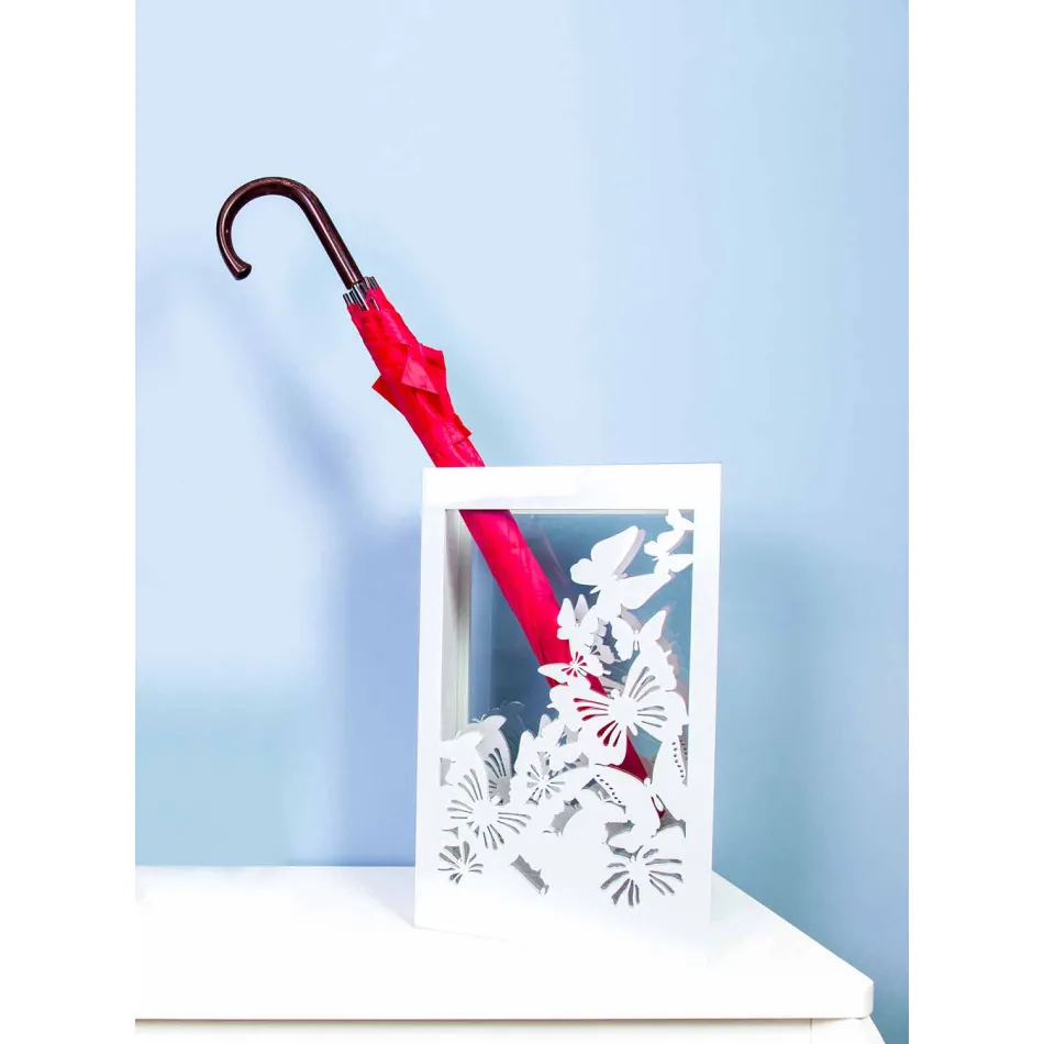 White Umbrella Stand in Wood with Modern Design Decorated with Butterflies - Papilio Viadurini