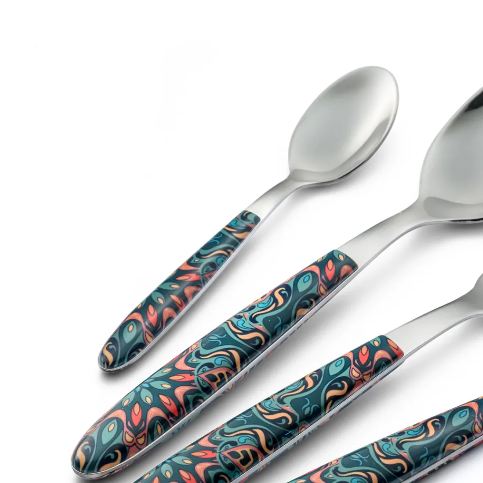 Steel and Plastic Cutlery Colored Floral Decor 24 Pcs - Alessandra Viadurini