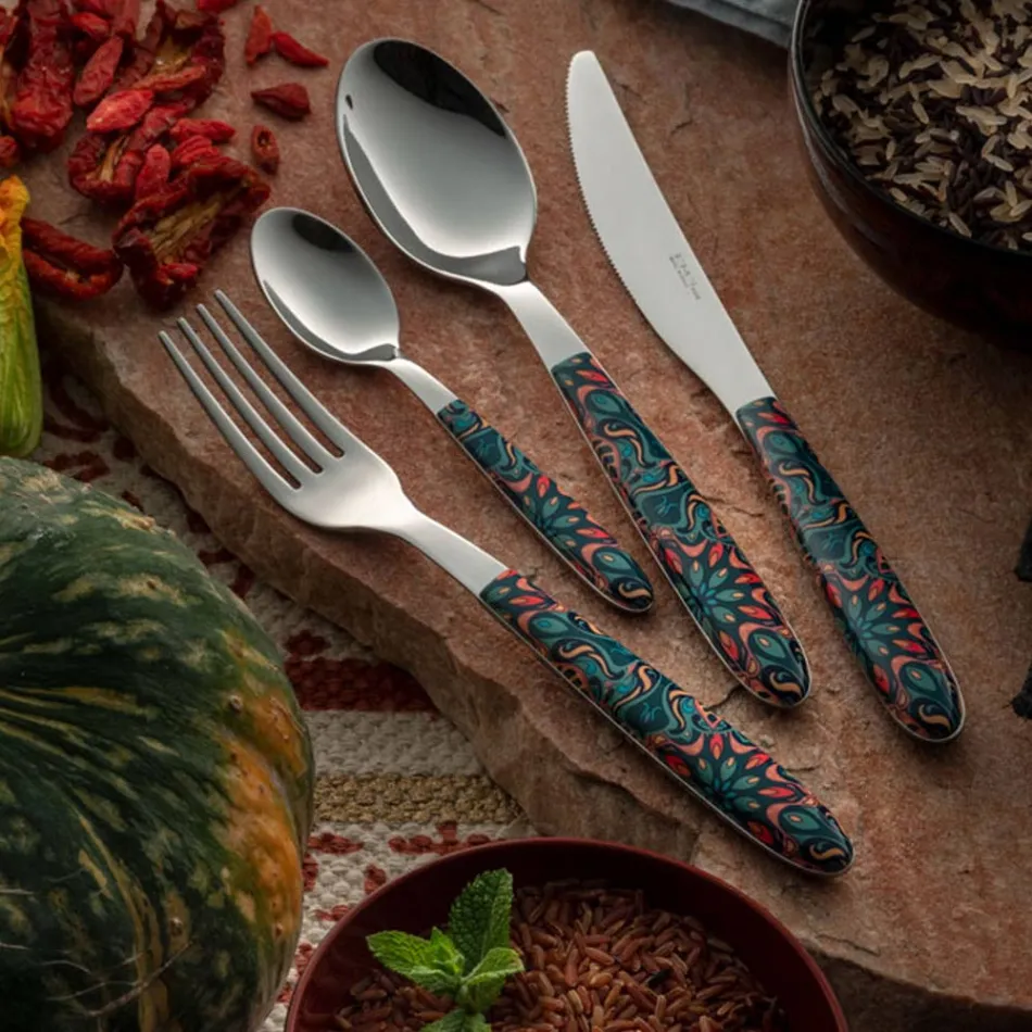Steel and Plastic Cutlery Colored Floral Decor 24 Pcs - Alessandra Viadurini
