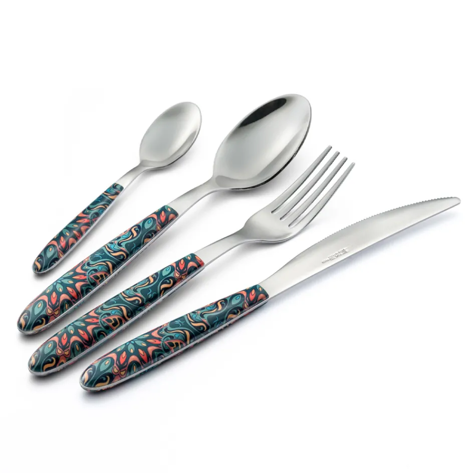 Steel and Plastic Cutlery Colored Floral Decor 24 Pcs - Alessandra Viadurini