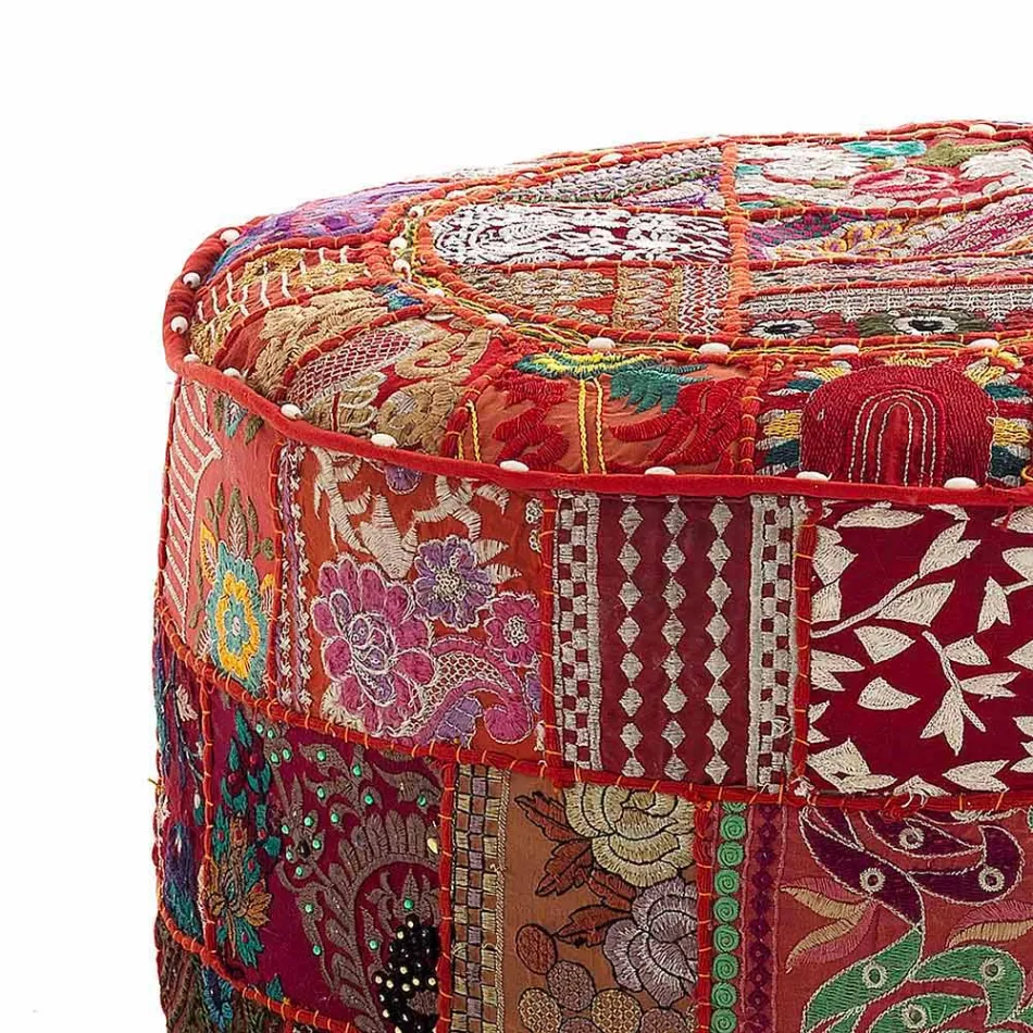 Round Pouf of Ethnic Design in Patchwork Fabric or Velvet - Fiber Viadurini