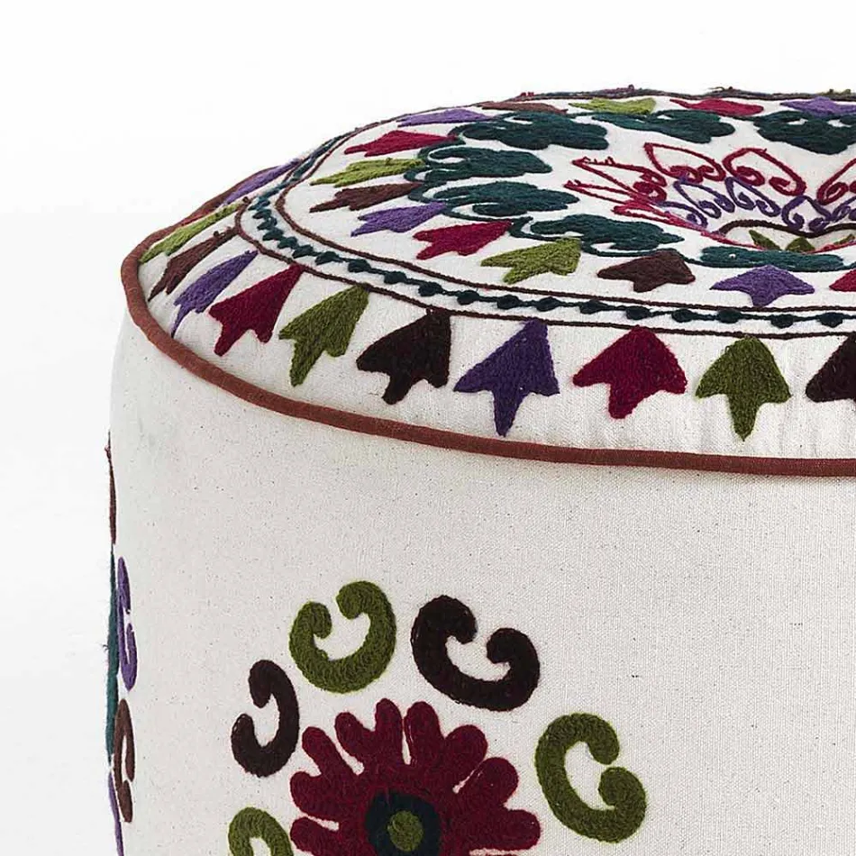 Round Pouf of Ethnic Design in Patchwork Fabric or Velvet - Fiber Viadurini