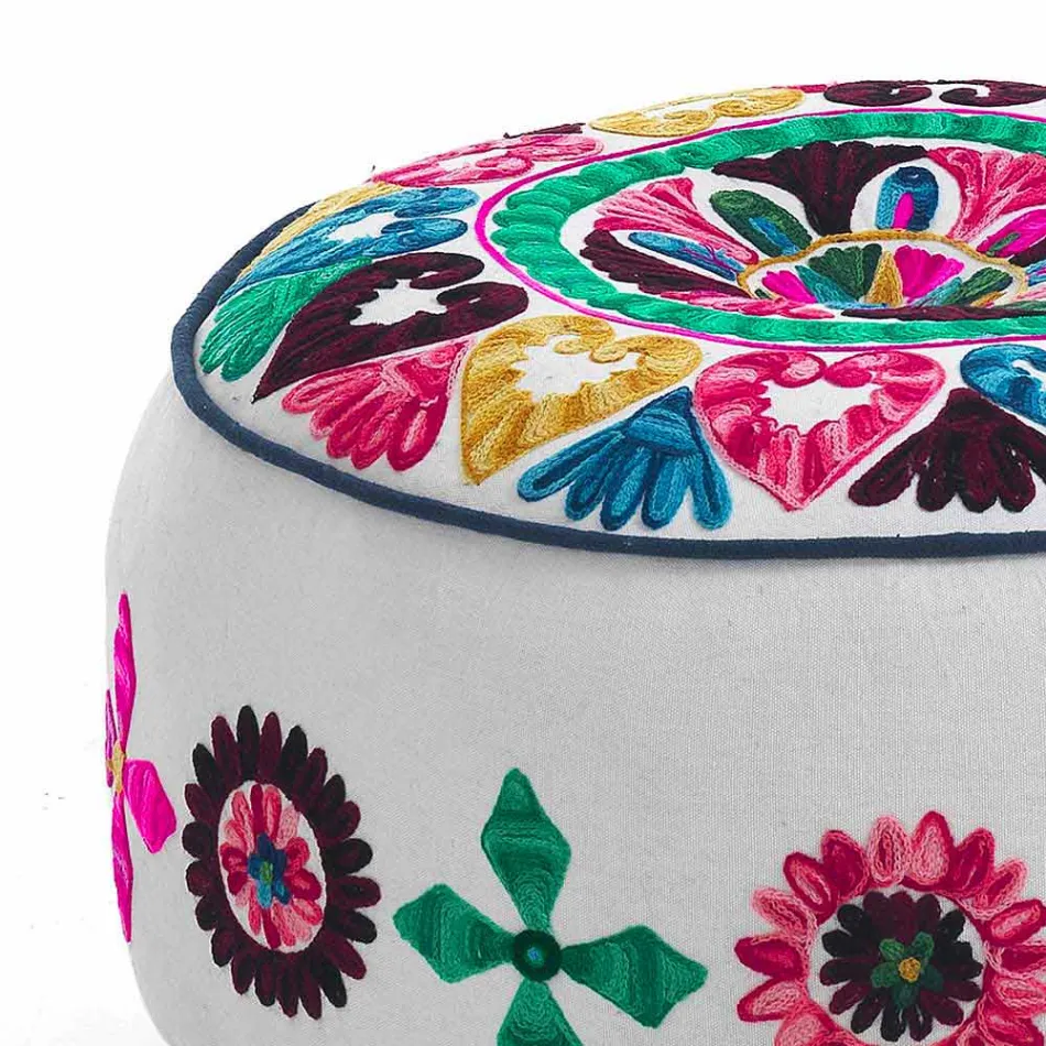 Round Pouf of Ethnic Design in Patchwork Fabric or Velvet - Fiber Viadurini