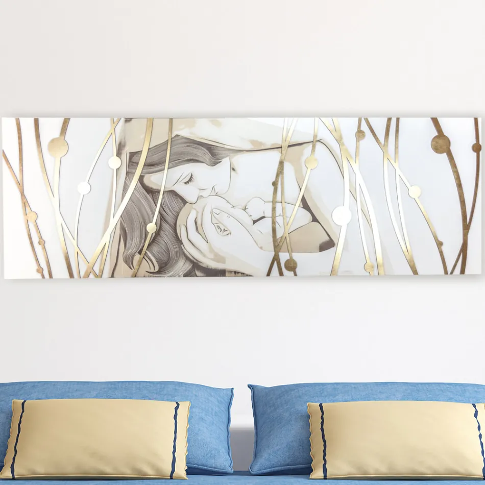 Rectangular Painting Made with Laser with Goddess and Child Made in Italy - Nagi Viadurini